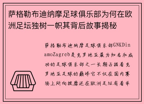 萨格勒布迪纳摩足球俱乐部为何在欧洲足坛独树一帜其背后故事揭秘