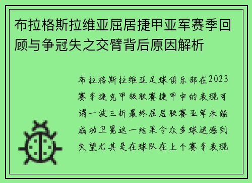 布拉格斯拉维亚屈居捷甲亚军赛季回顾与争冠失之交臂背后原因解析 布拉格斯拉维亚屈居捷甲亚军赛季回顾与争冠失之交臂背后原因解析